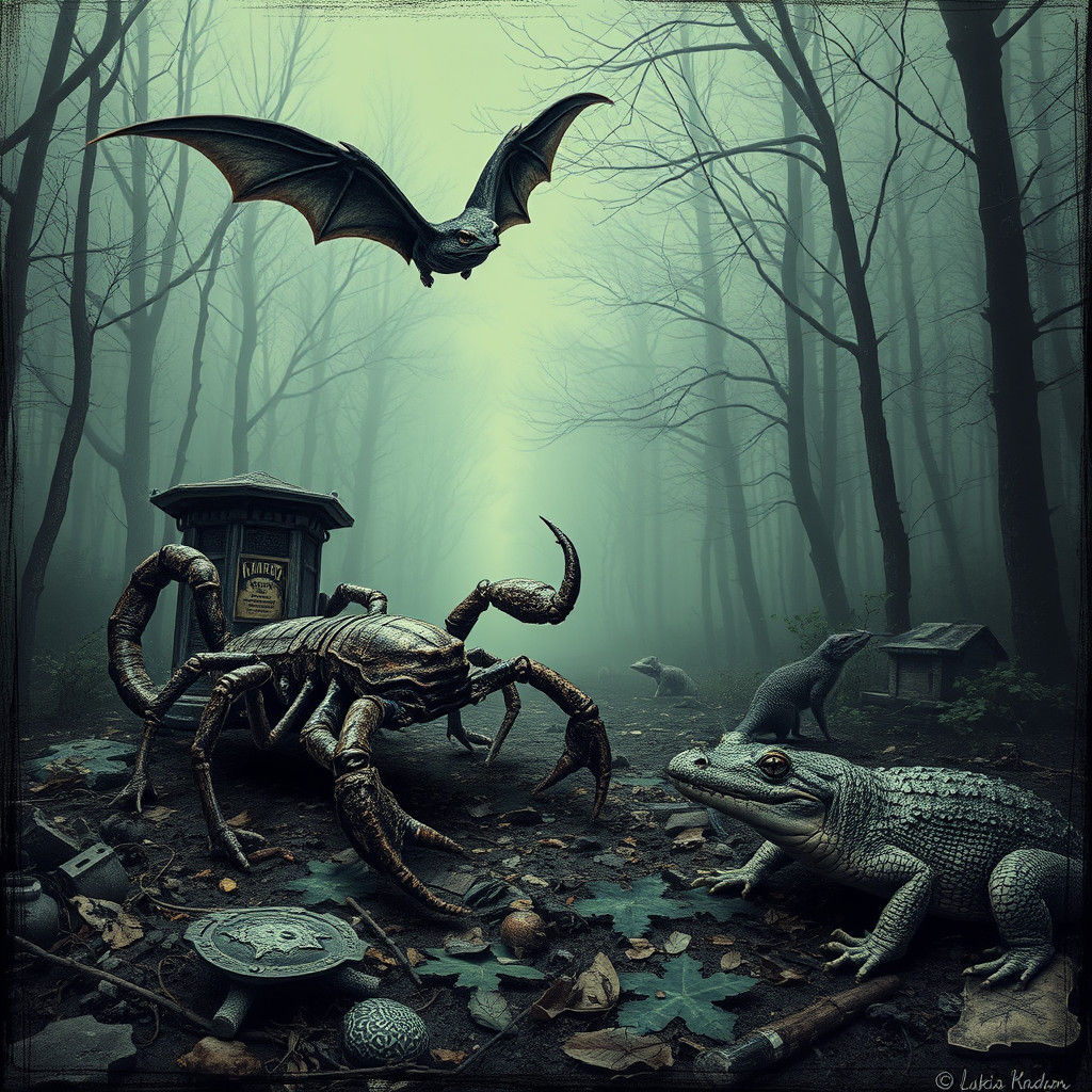 Creepy Animals in Foggy Graveyard in Chiaroscuro Style