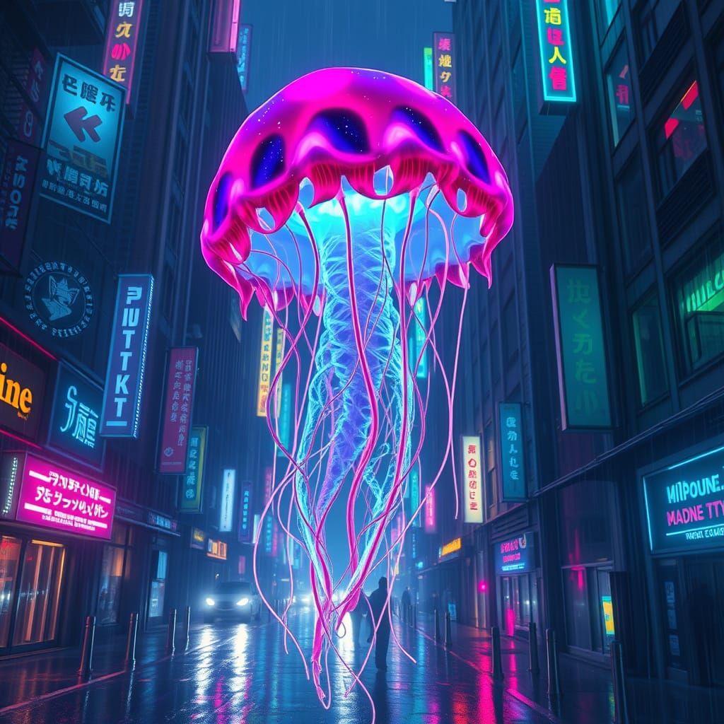Bioluminescent Jellyfish in Neon Cyberpunk Cityscape