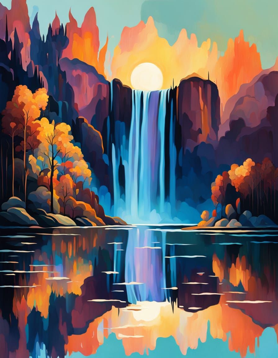 Vibrant Abstract Sunset Lake with Waterfall and Reflections