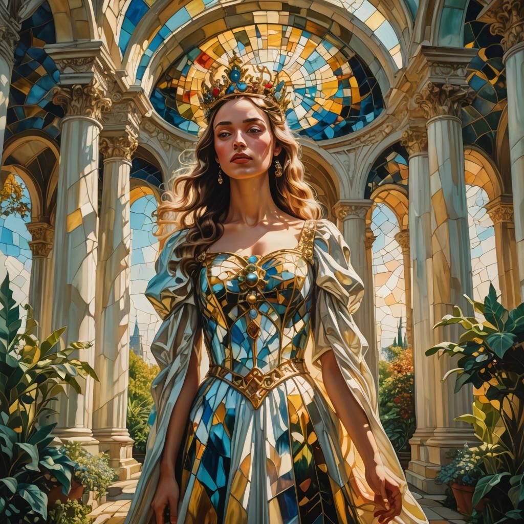 Surreal Girl in Garden with Stained Glass, Oil Painting