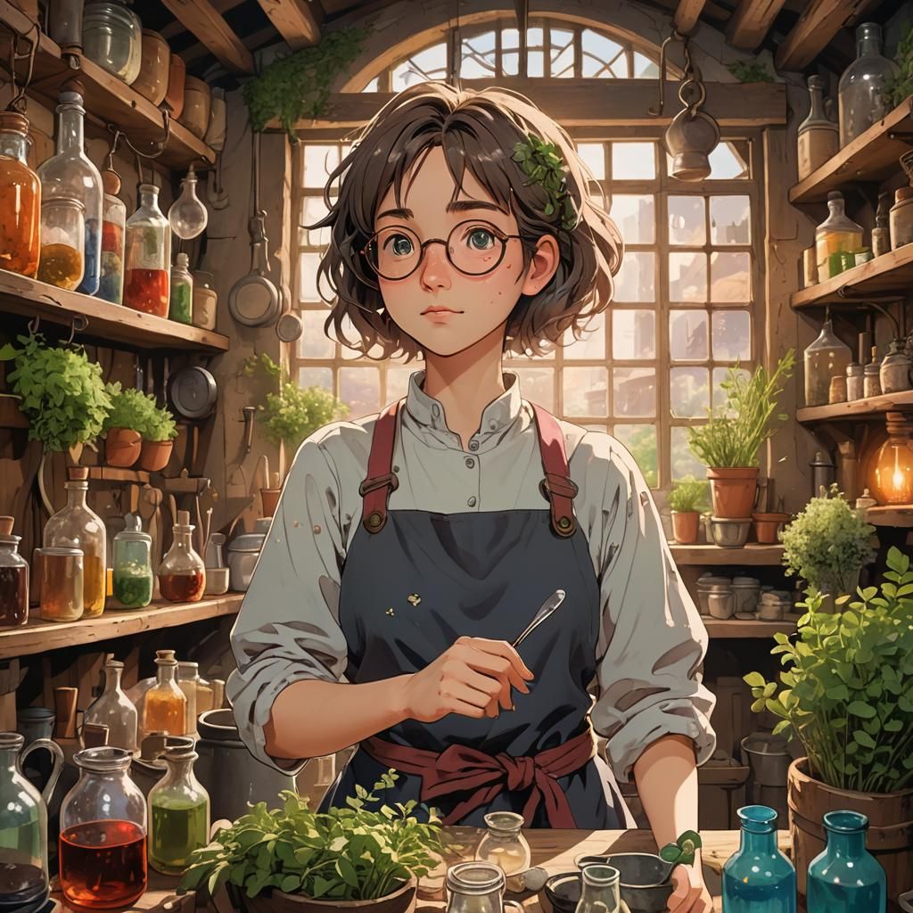 Studio Ghibli Alchemist in a Whimsical Workshop