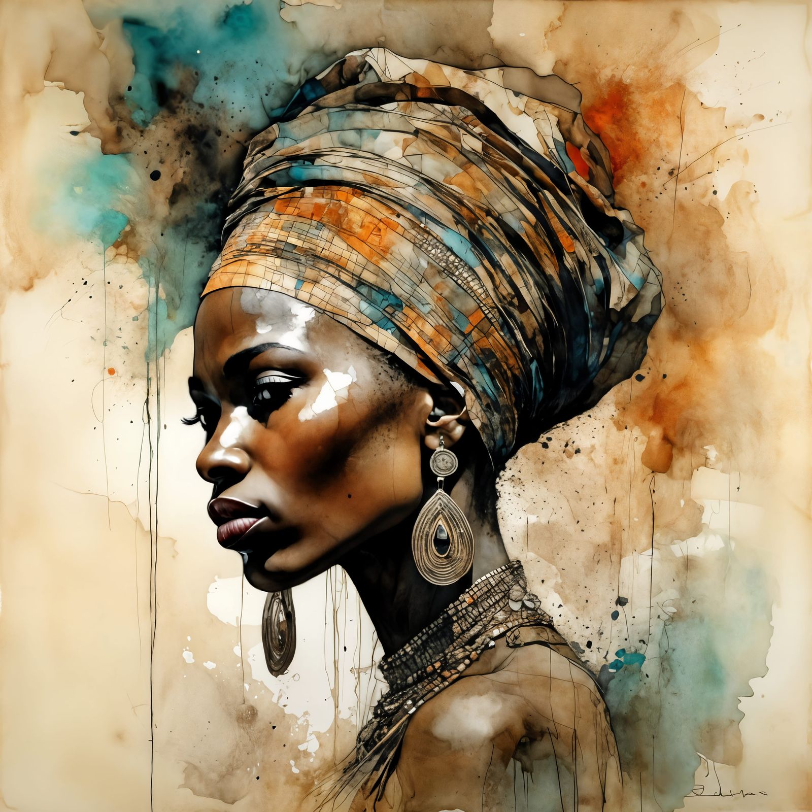 African Woman Profile in Neurographic Ink Style