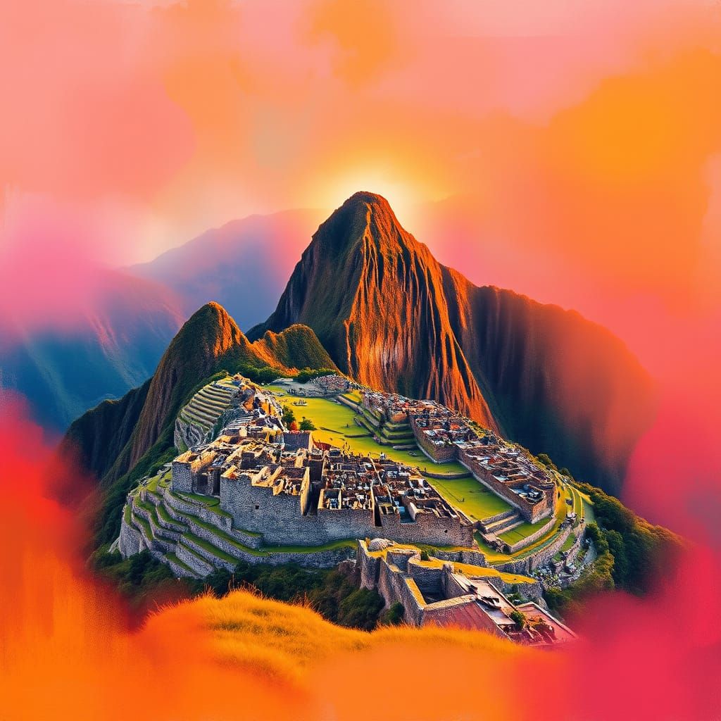 Machu Picchu Sunset: Inca Ruins in Abstract Landscape