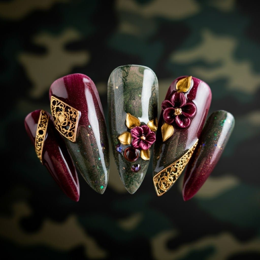 Burgundy Ombre Nails with 3D Floral Design