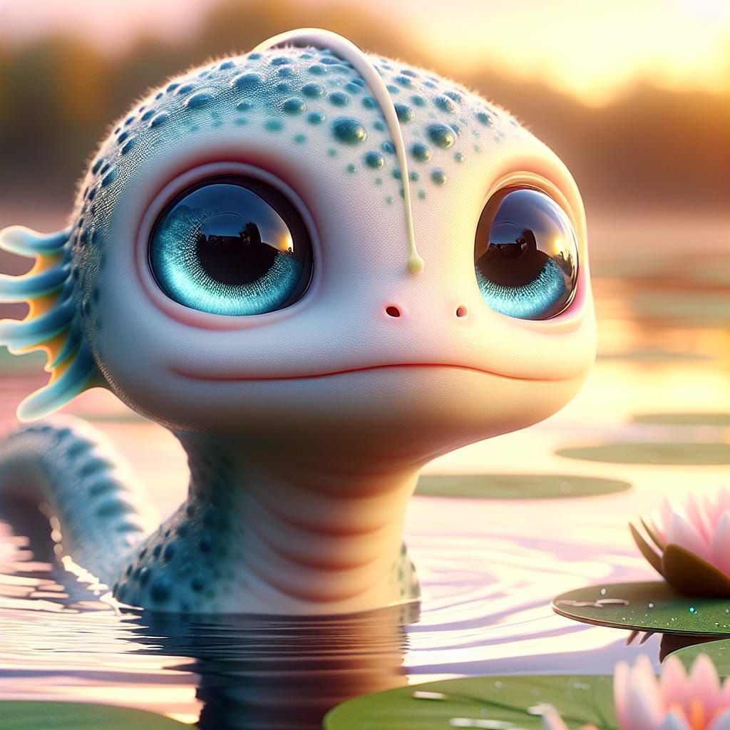 Adorable Baby Loch Ness Monster at Sunset