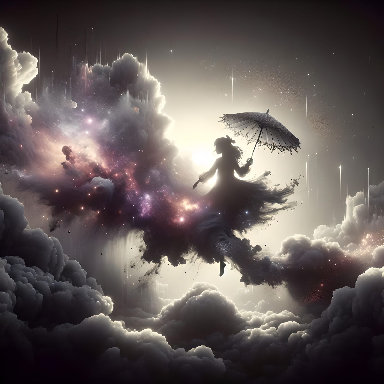 Magical Silhouette: Girl with Umbrella in Art Nouveau Style