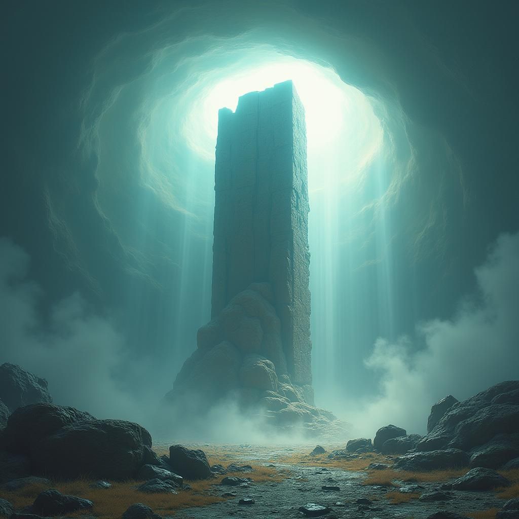 Radiant Stone Monolith in Futuristic Landscape