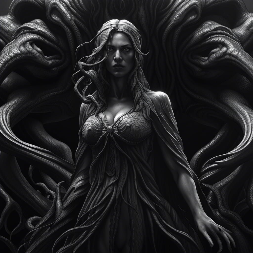 Cthulhu Woman in Dark Horror, Black and White
