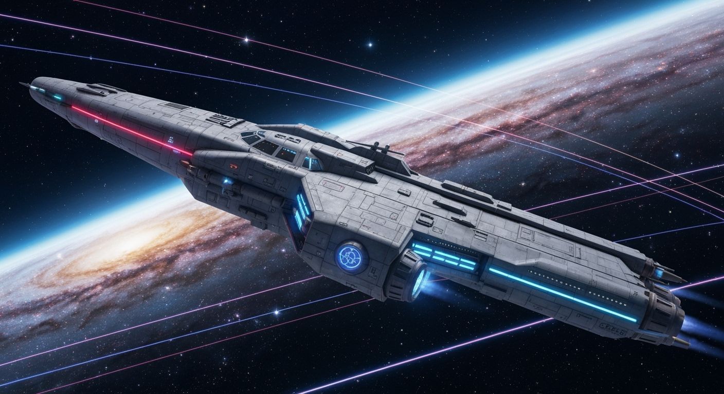 Yamato Spaceship Soaring Through Neon Galaxy