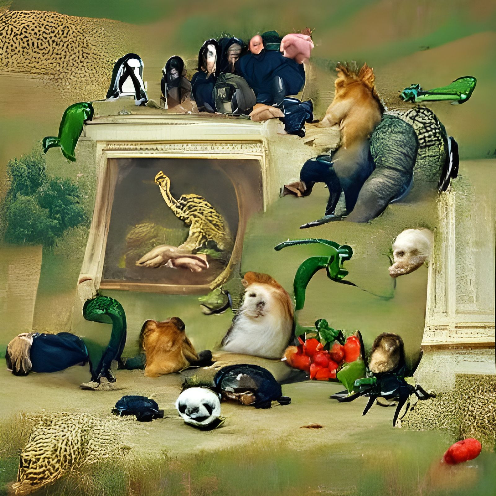 a renaissance painting that contains  a basilisk, an ape, a mule, a goat, a  griffin, a hog, a leopard, an owl, a rat, a...