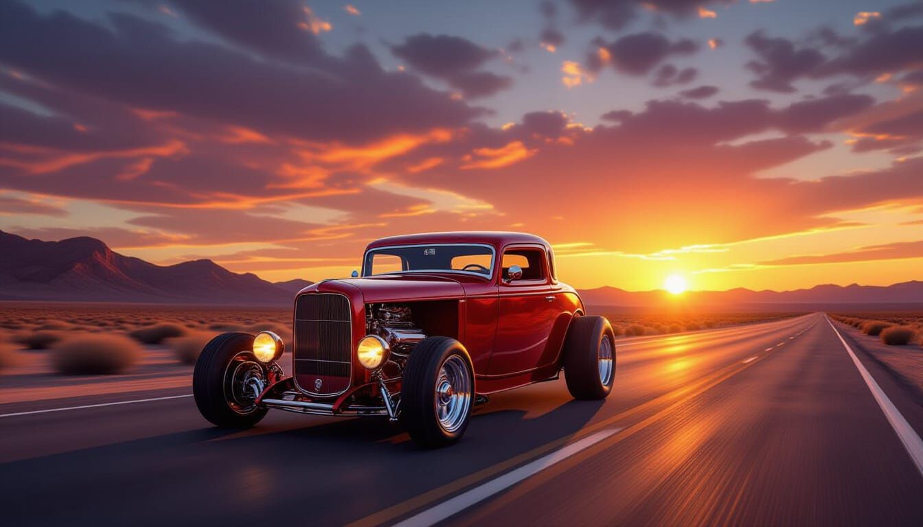 Hot Rod Races Desert Highway at Fiery Sunset
