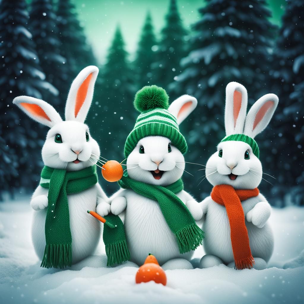 Christmas Bunnies Building a Snowman