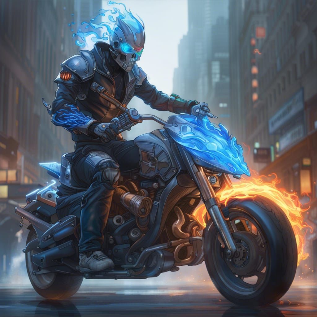 Mecha Ghost Rider with Blue Flames in City
