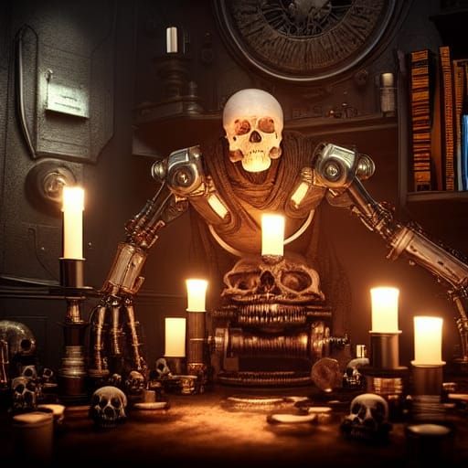 Cybernetic Skull in Candlelit Steampunk Study