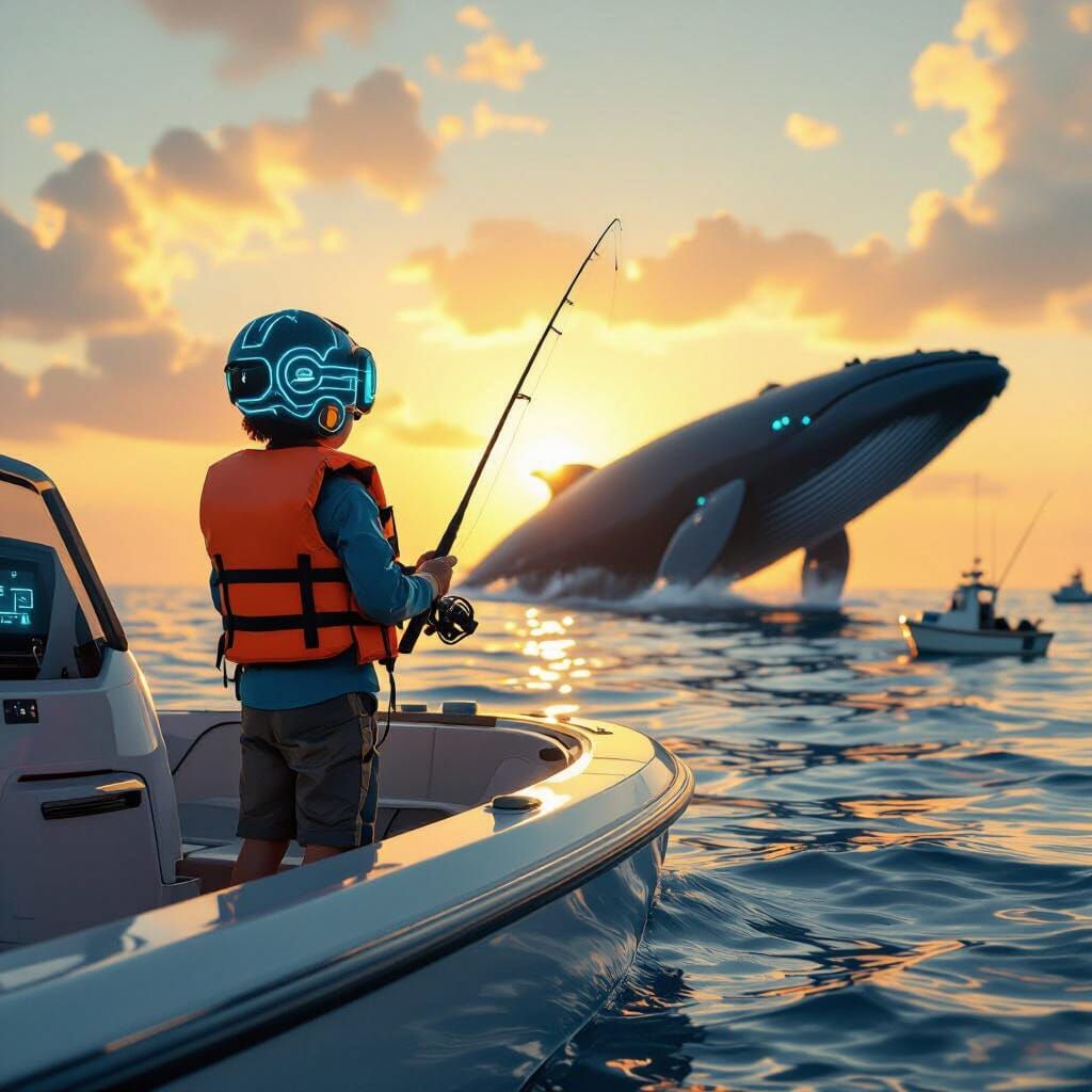 Boy Fishing with AI Robot on Futuristic Boat