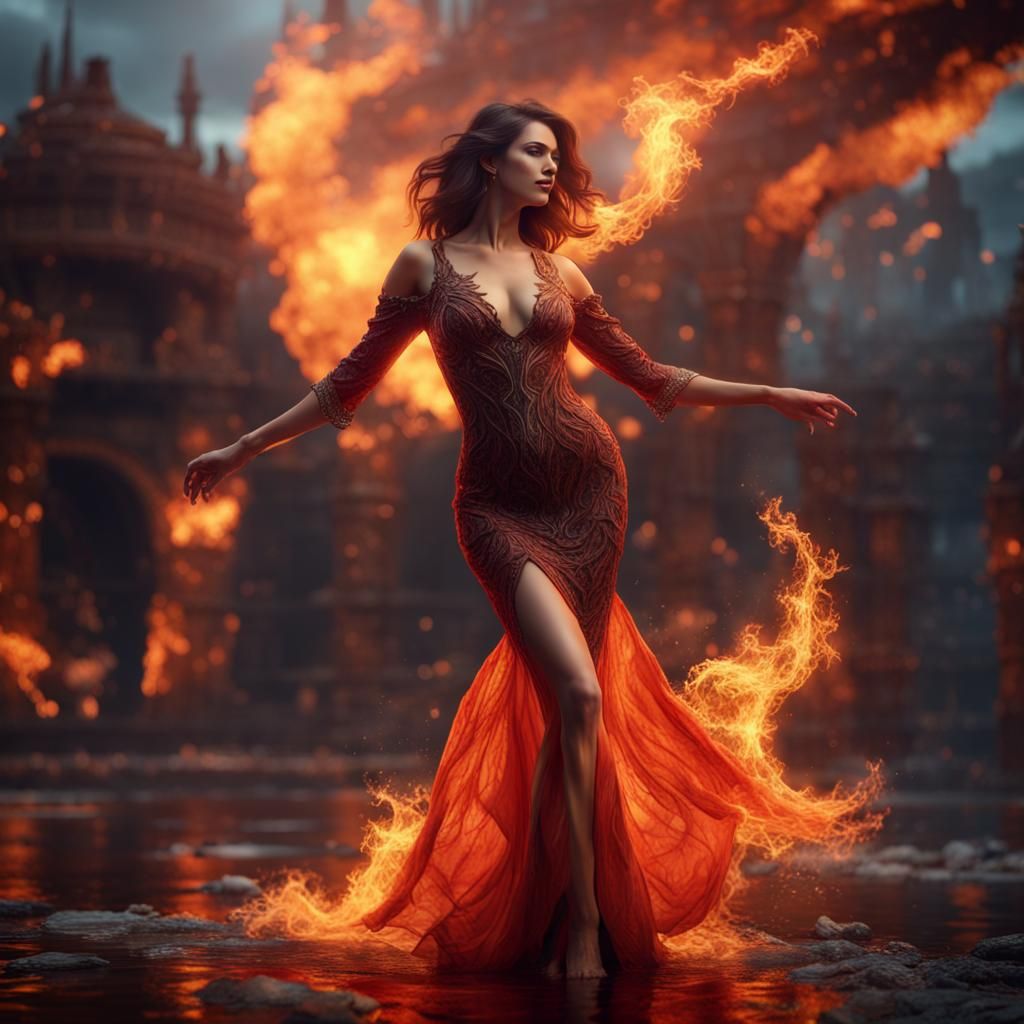 Woman Dancing in Fire Dress: Detailed Fantasy Art