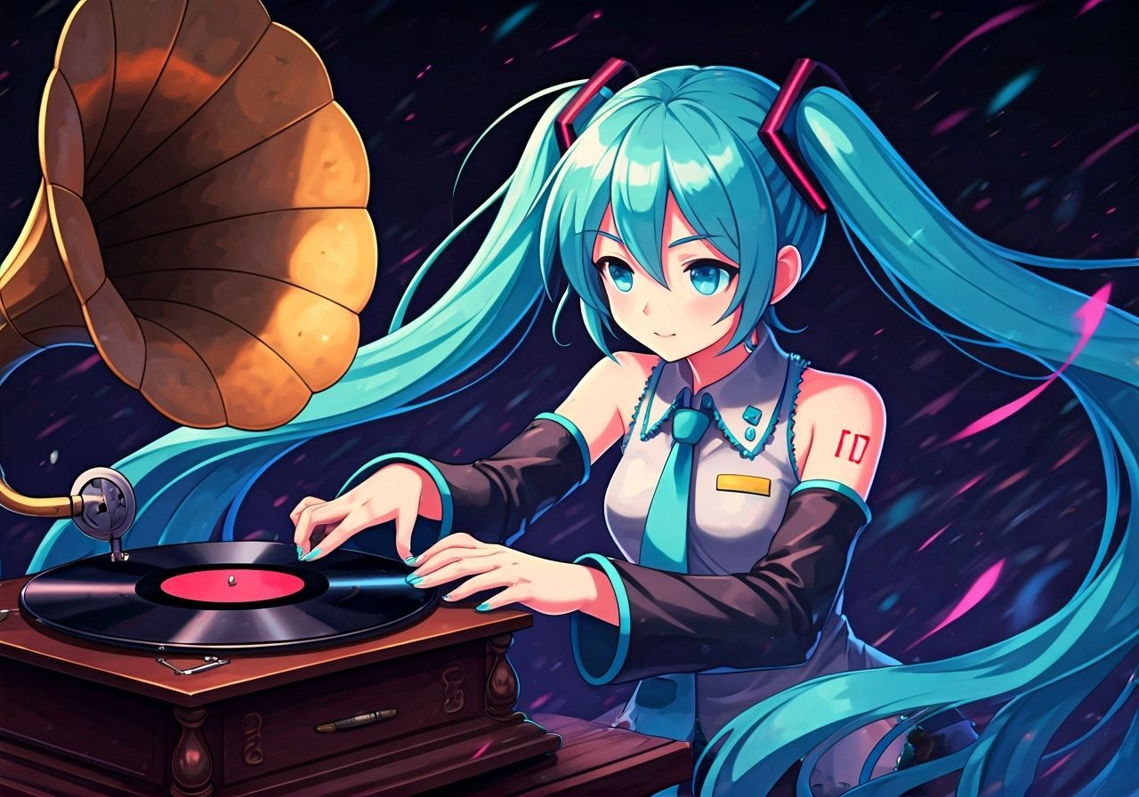 Hatsune Miku DJs a Vintage Gramophone in Anime Style
