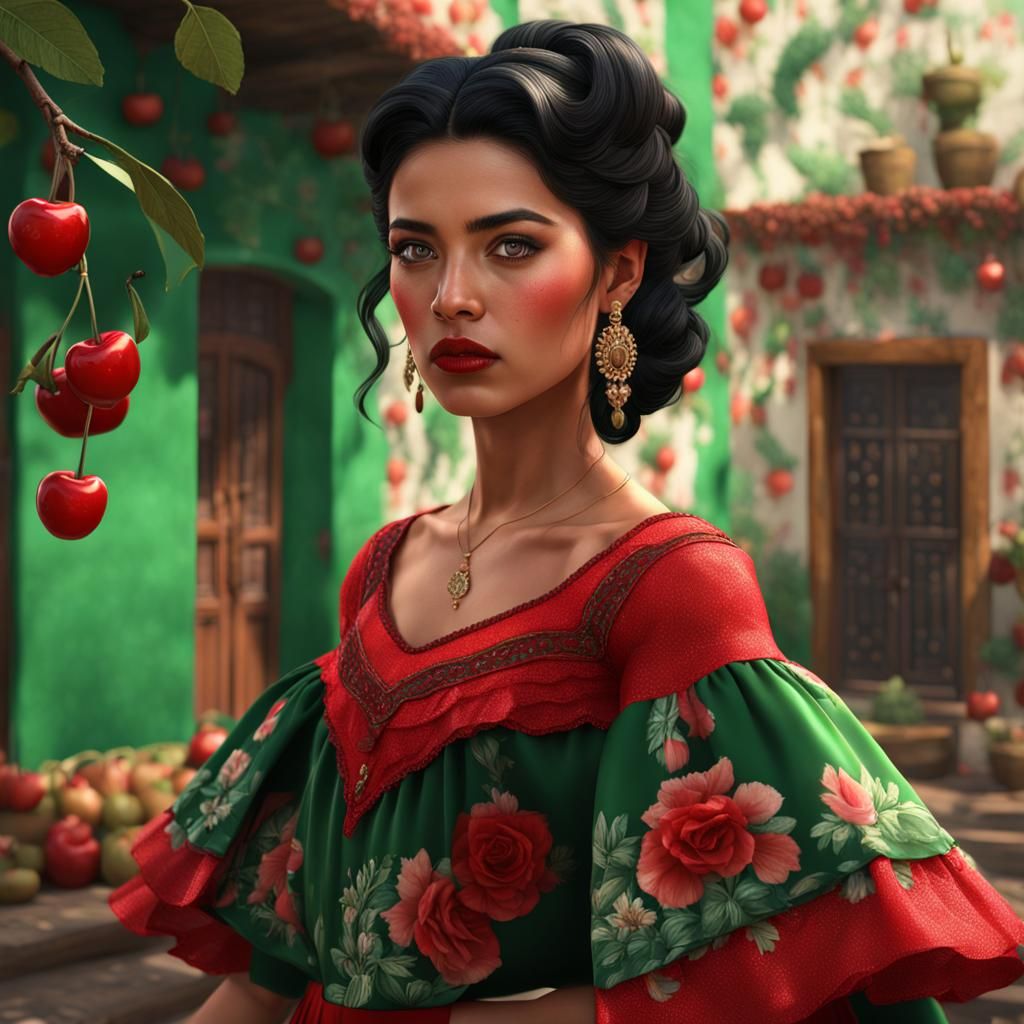 Hyperrealistic Painting of a Mexican Girl in Red Dress