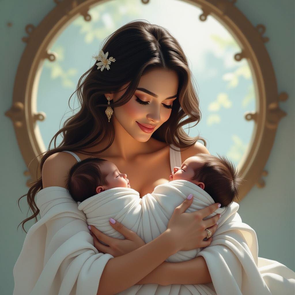 Mother Holds Newborn Twins in Tender Portrait
