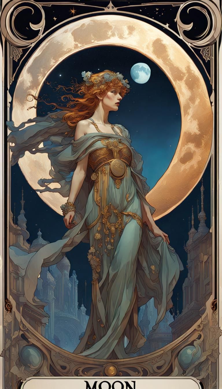 Detailed Moon Tarot Card in Art Nouveau Style