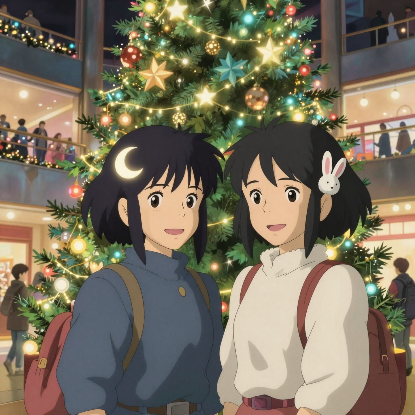 Anime Women in Festive Mall Before Giant Christmas Tree