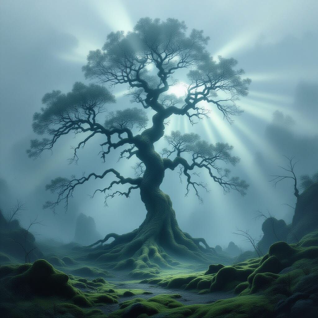 Ancient Tree in Misty Forest