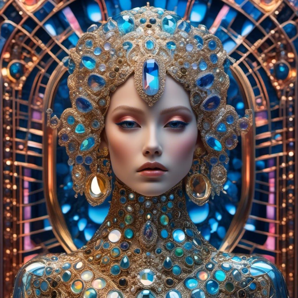 Gemstone Dolls in Temple, Holographic Surreal Portrait