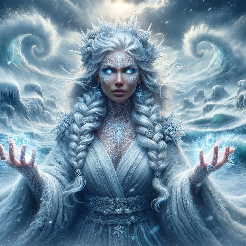 Sorceress Summoning Blizzard on Frozen Mountain Peak