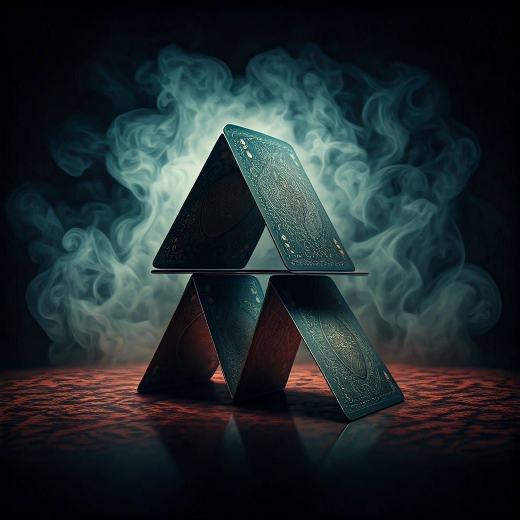 Metallic Card House in Dark Cinematic Style