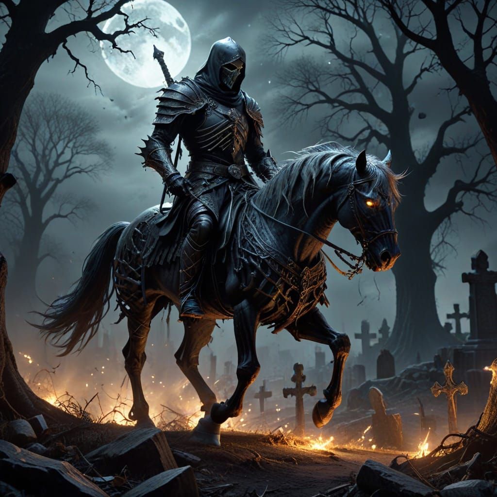 Spectral Knight Rides Skeletal Steed in Haunted Graveyard