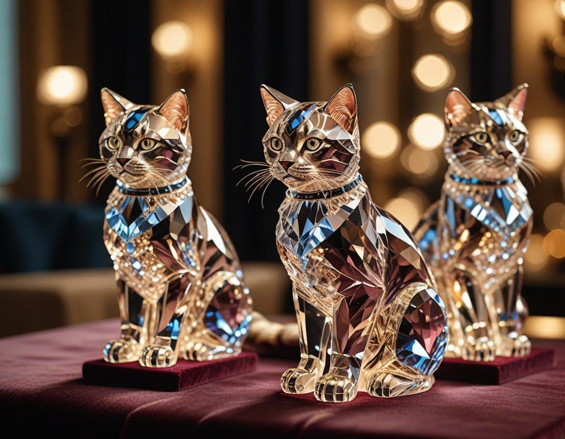 Luxurious Crystal Feline Figurines in Warm, Golden Lighting