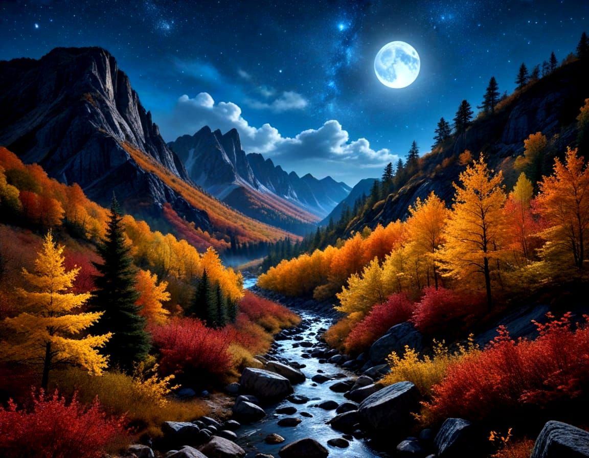 Magical Autumn Mountain View Under Indigo Night Sky