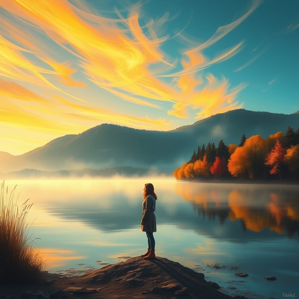 A serene sunrise over a misty lake, with silhouetted trees lining the shore and colorful foliage reflecting in the water...