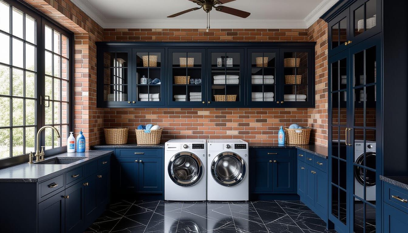 Victorian Laundry Room with Dark Blue and Brick Accents