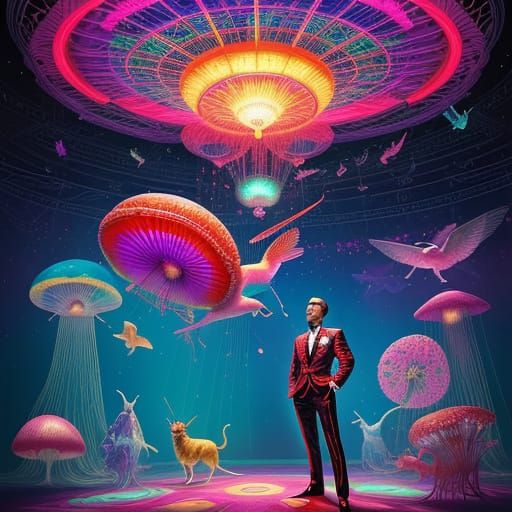 Surreal Scene with Giant Jellyfish, Flying Papillon Dogs, an...