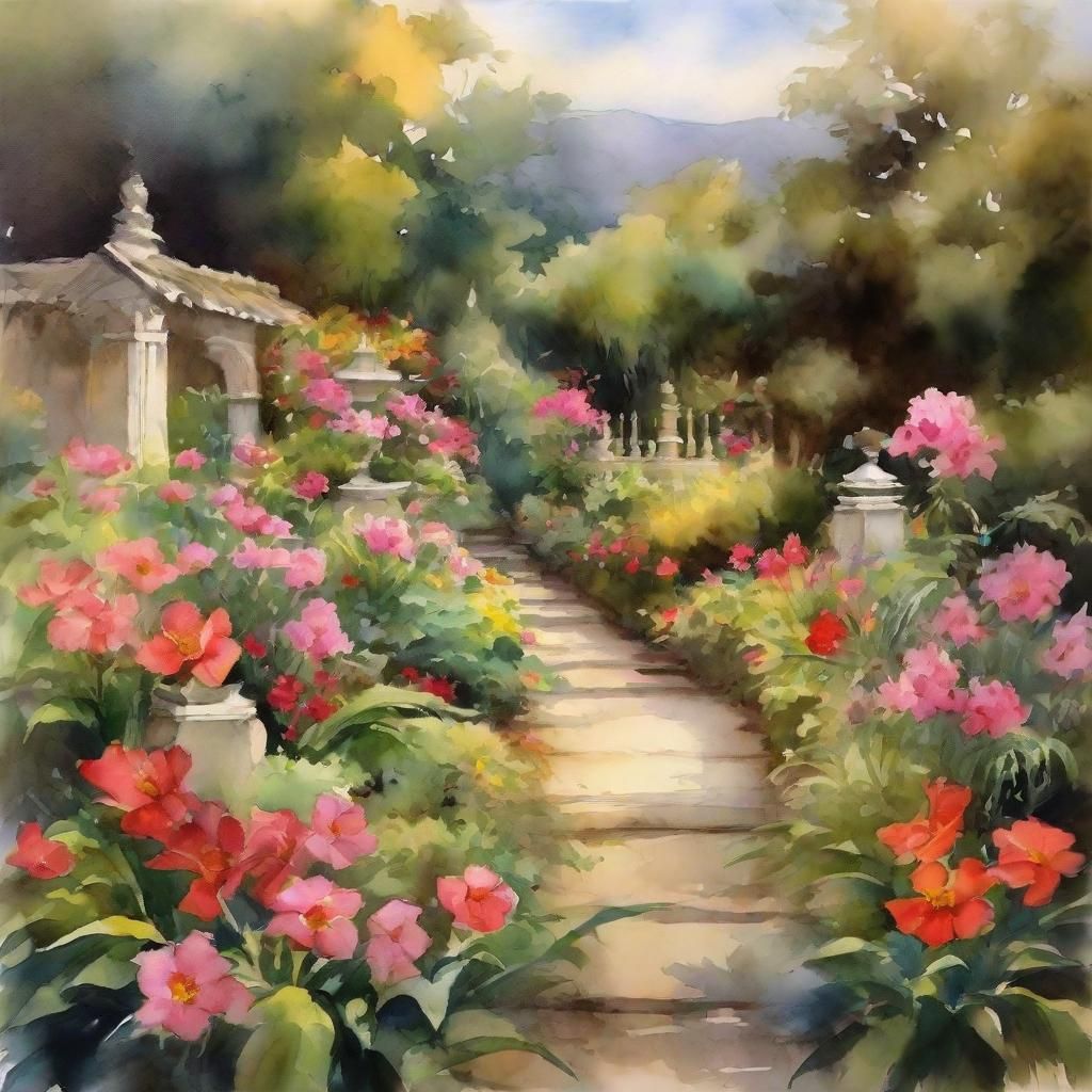 Garden Landscape in Acrylic Oil Watercolor Style