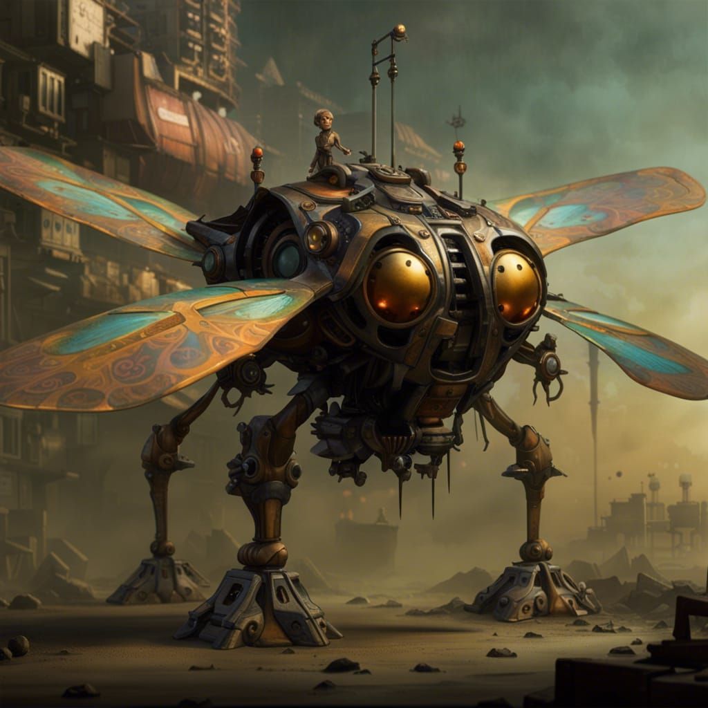 Solarpunk Dragonfly Mech Fighter in Dystopian Paradise