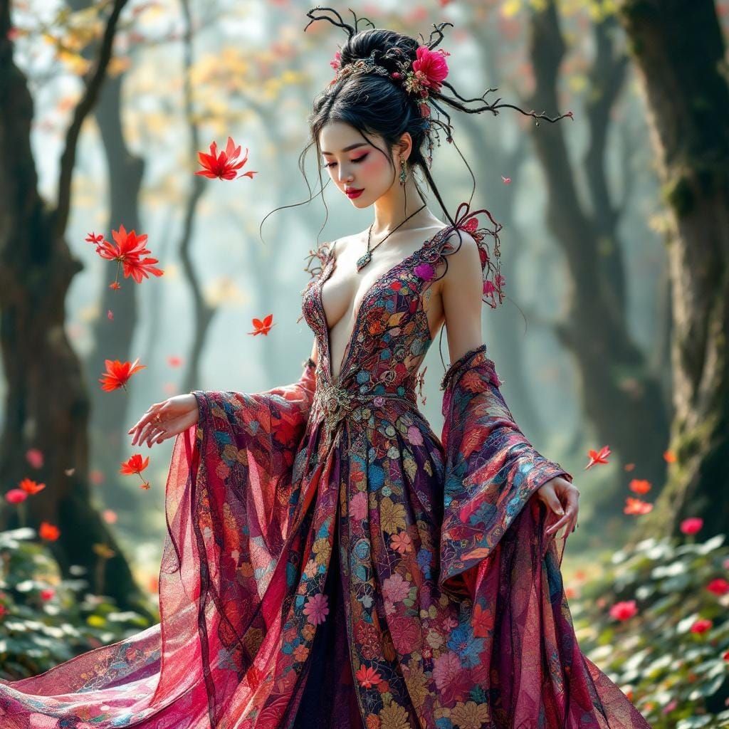 Chinese Witch in Modern Hanfu Dress with Mosaic Patterns
