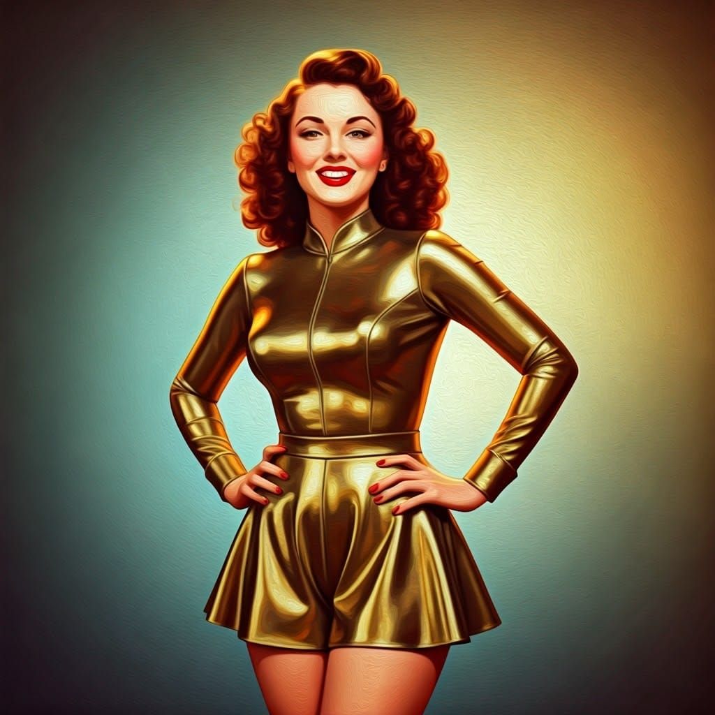 Retrofuturistic pinup. Medium shot.