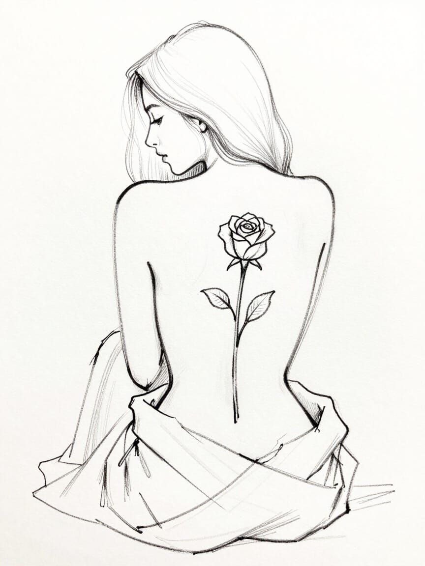 Sensual Woman's Back Chalk Sketch with Rose Tattoo