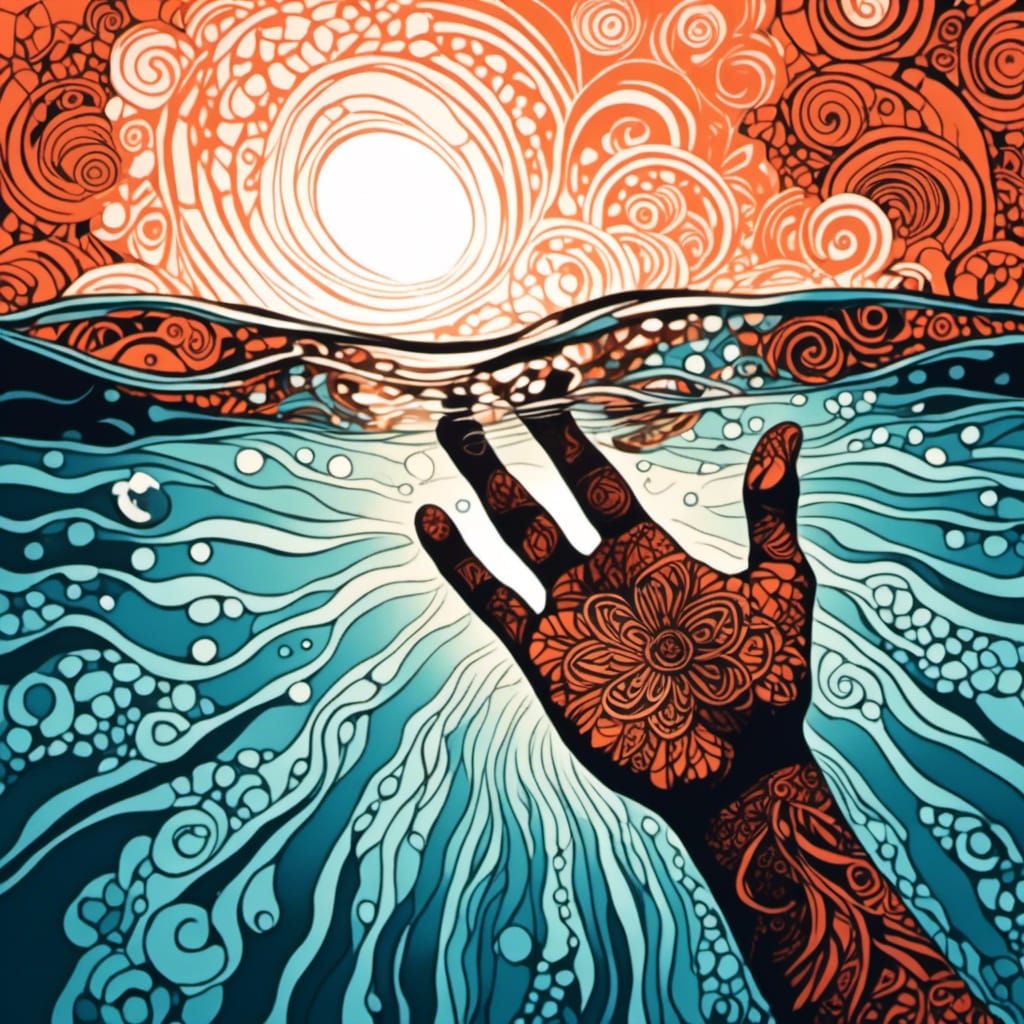 Hand Reaching from Water in Zentangle Style