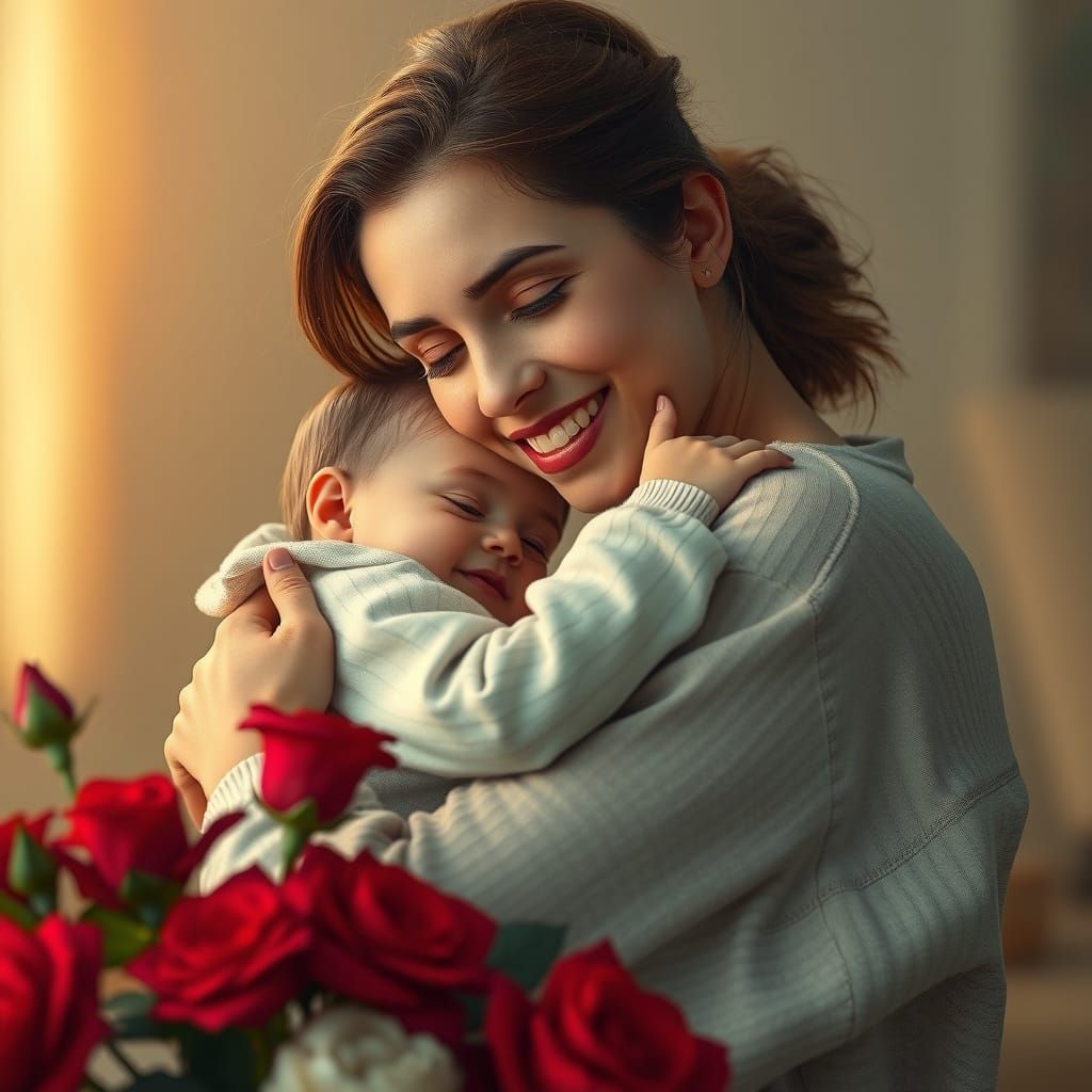 Hyperrealistic Motherly Love with Vibrant Red Roses