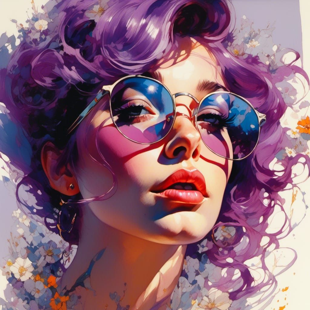 Purple-Haired Beauty in Pin-Up Style Portrait