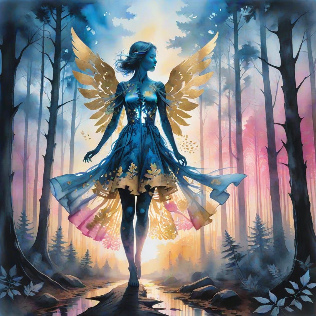 Ethereal Angel Silhouette in Vibrant Watercolor