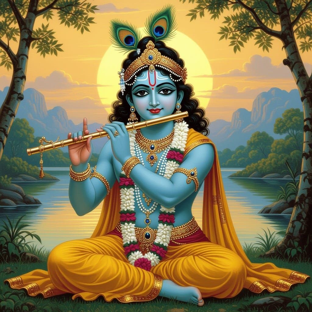 Krishna Playing Flute in Natural Setting