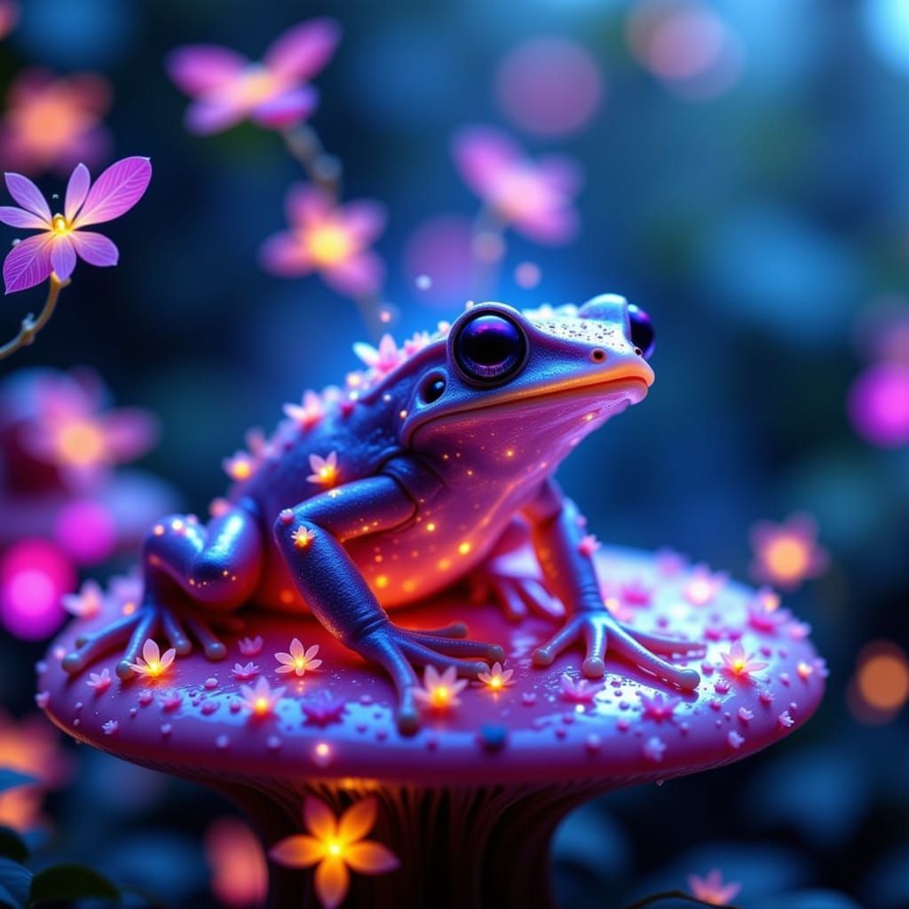 Mystical Frog on Glowing Mushroom in Neon Fantasy Style
