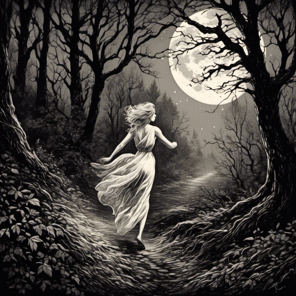 Frightened Woman Runs Through Forest: Scratchboard Illustrat...