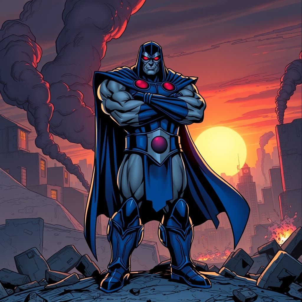 Darkseid in Destroyed City, Comic Book Illustration