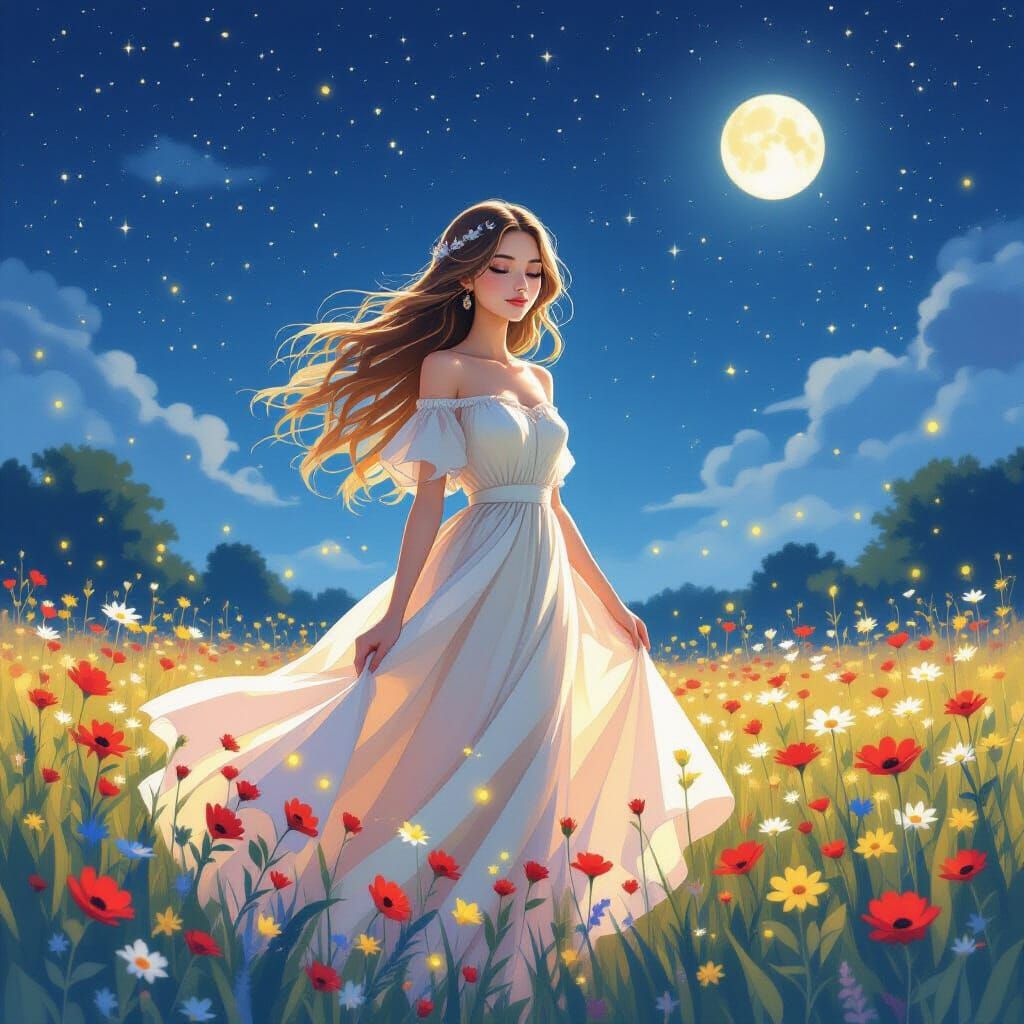 Young Woman in 1960s Gown in Wildflower Field Under Starry S...