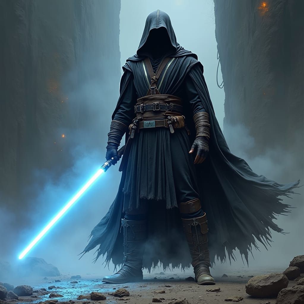 Jedi Warrior with Lightsaber in Dark Galaxy